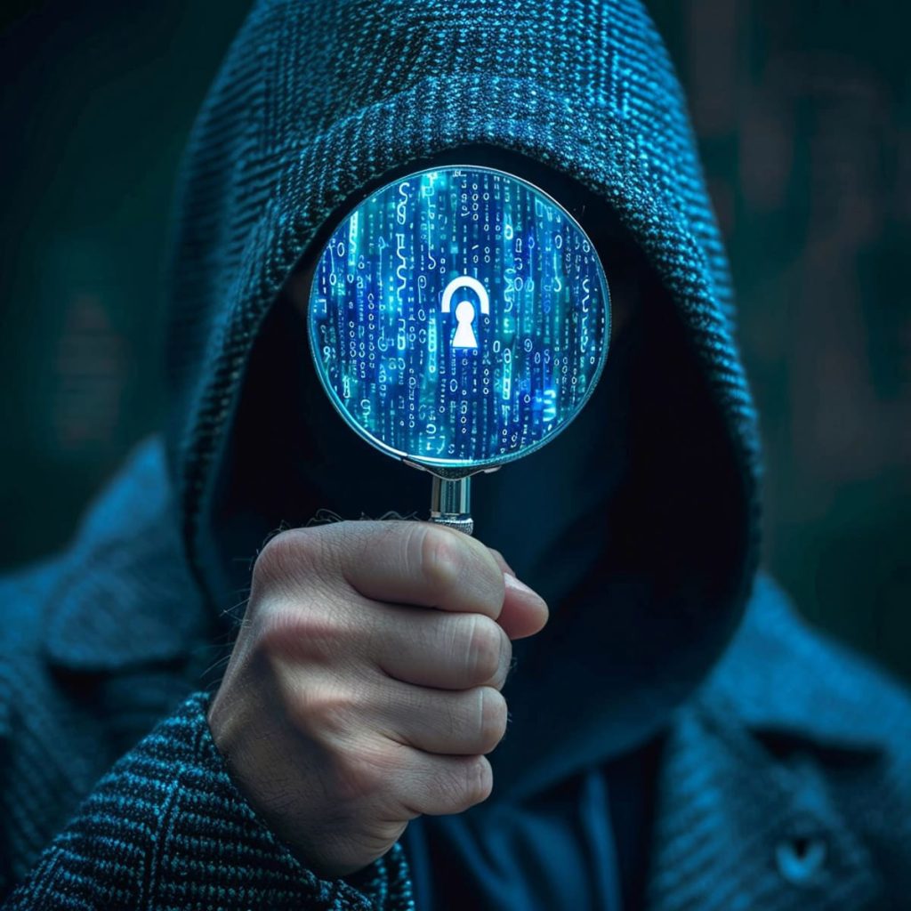 imagen de una persona con capucha mirando a través de una lupa con códigos de ordenador en ella