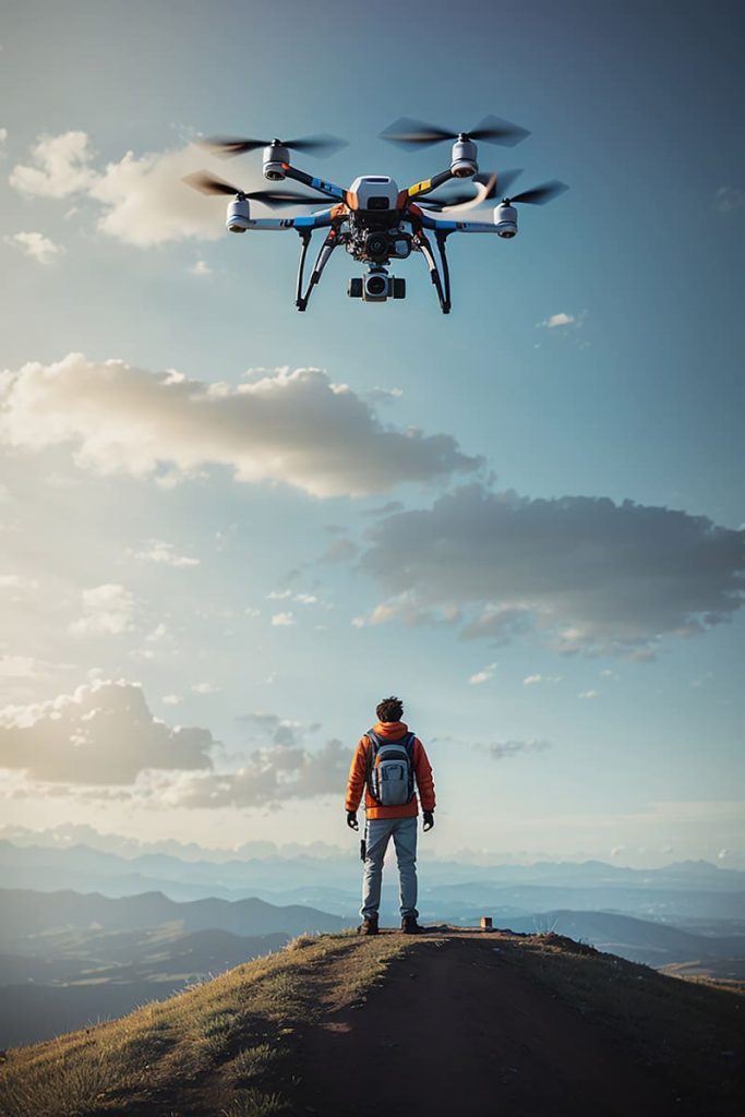 imagen de una persona en una montaña mirando hacia un drone